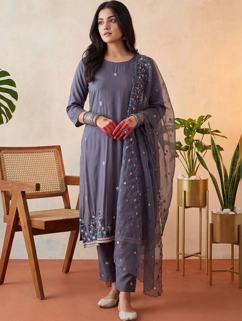 women ethnic motifs embroidered regular sequinned kurta with trousers & with dupatta