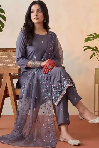 women ethnic motifs embroidered regular sequinned kurta with trousers & with dupatta