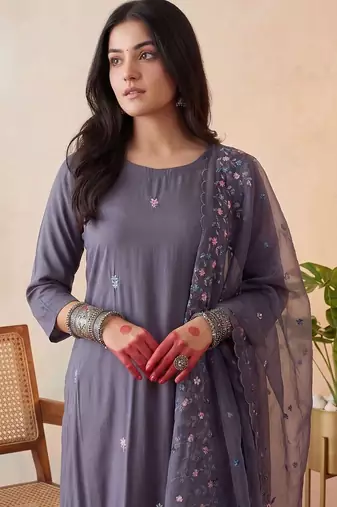 women ethnic motifs embroidered regular sequinned kurta with trousers & with dupatta