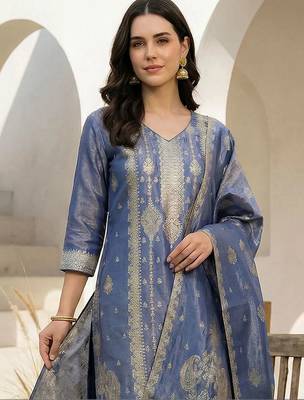 women regular liva kurta with trousers & with dupatta 6
