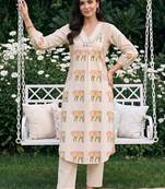 women ethnic motifs printed regular cotton kurta with trousers