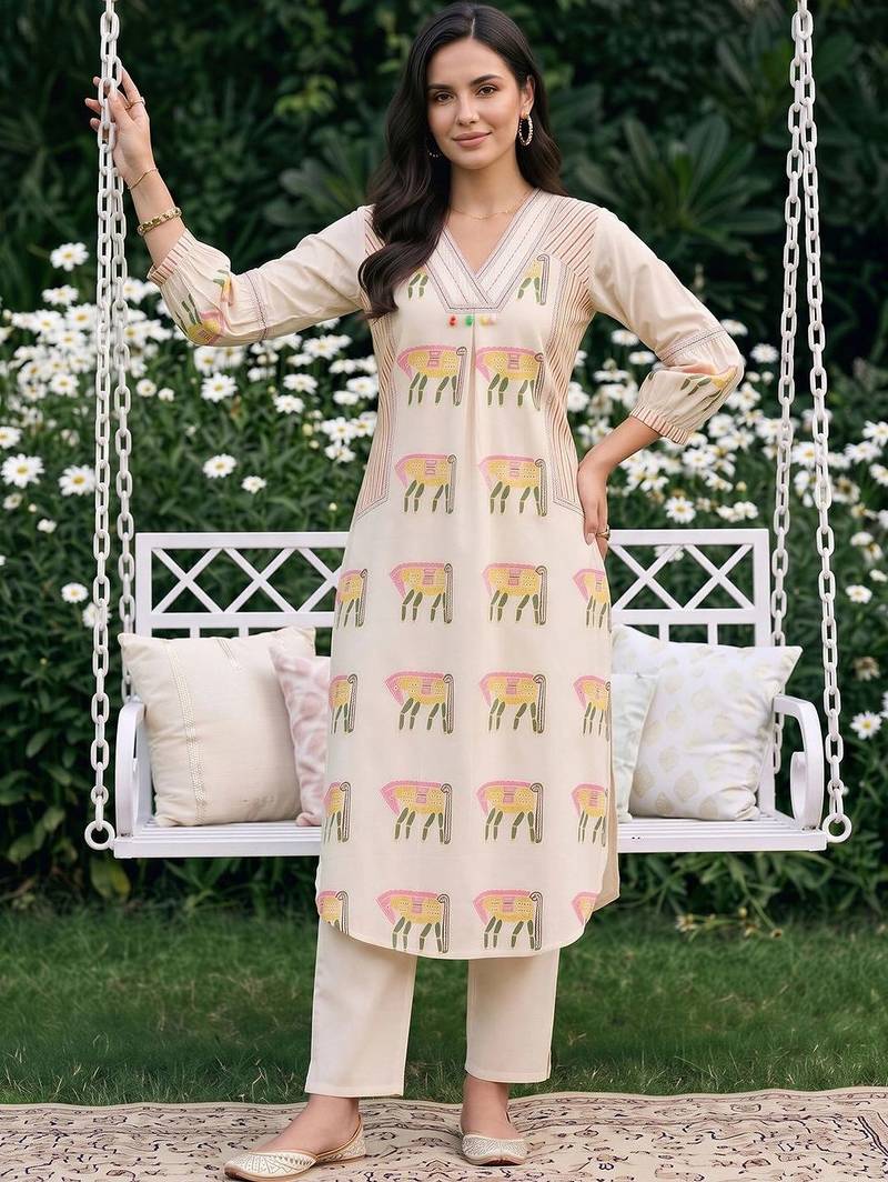 women ethnic motifs printed regular cotton kurta with trousers