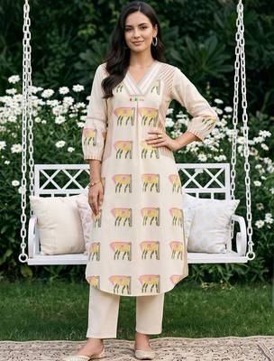 women ethnic motifs printed regular cotton kurta with trousers 6