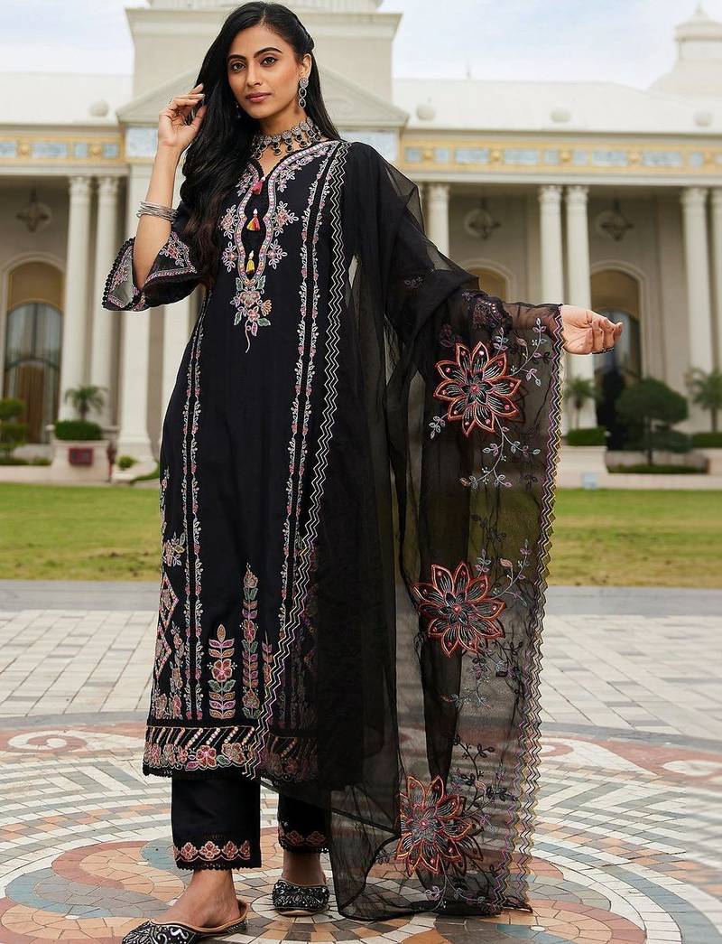 women ethnic motifs embroidered regular thread work kurta with trousers & with dupatta
