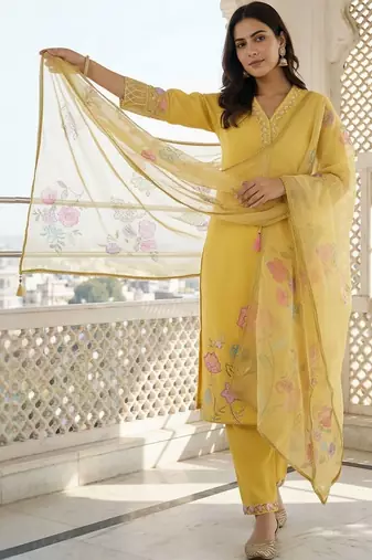 women ethnic motifs embroidered regular thread work kurta with trousers & dupatta