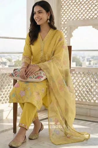 women ethnic motifs embroidered regular thread work kurta with trousers & dupatta
