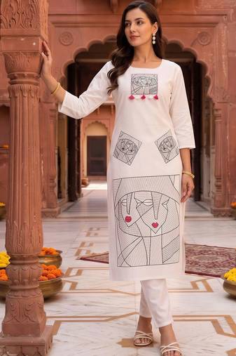 women printed regular cotton kurta with trousers