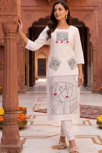 women printed regular cotton kurta with trousers