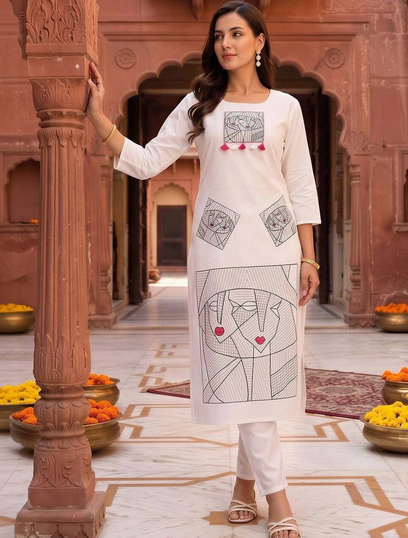 women printed regular cotton kurta with trousers