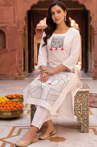 women printed regular cotton kurta with trousers