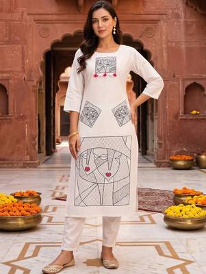 women printed regular cotton kurta with trousers 6