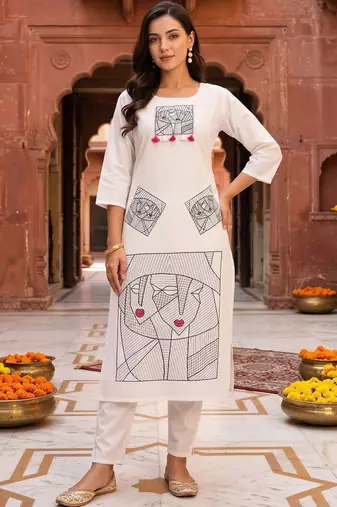 women printed regular cotton kurta with trousers