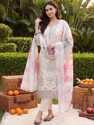 women ethnic motifs embroidered regular thread work kurta with trousers & with dupatta 1