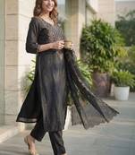 women ethnic motifs embroidered regular liva kurta with trousers & with dupatta