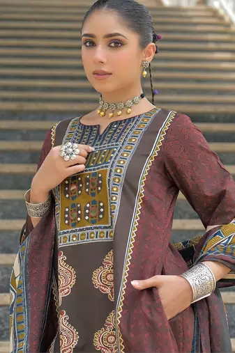women ethnic motifs printed regular cotton kurta with trousers & with dupatta