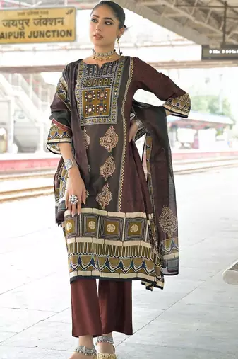 women ethnic motifs printed regular cotton kurta with trousers & with dupatta