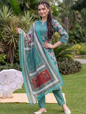 women floral printed regular cotton kurta with trousers & with dupatta 1