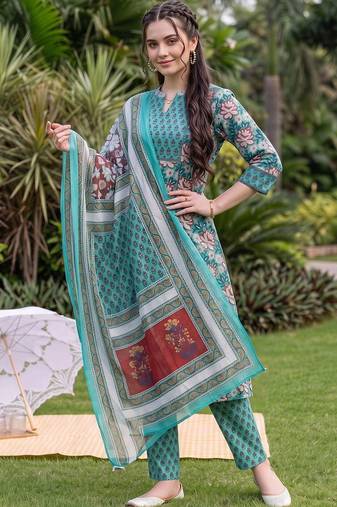 women floral printed regular cotton kurta with trousers & with dupatta