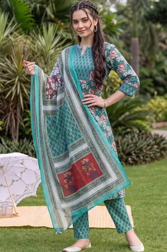 women floral printed regular cotton kurta with trousers & with dupatta