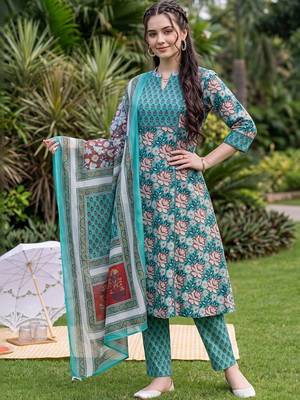 women floral printed regular cotton kurta with trousers & with dupatta 6