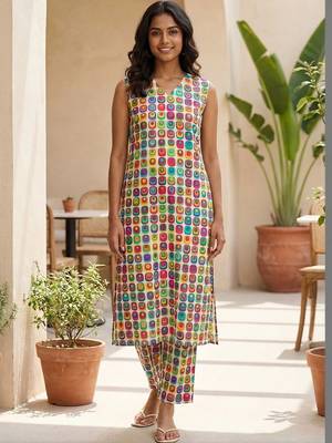 women printed regular cotton kurta with trousers 1
