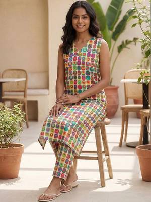 women printed regular cotton kurta with trousers 2