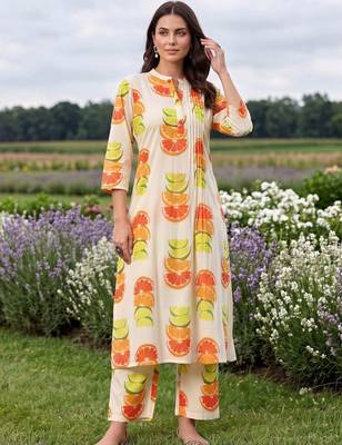 women printed regular cotton kurta with trousers 1