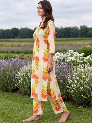women printed regular cotton kurta with trousers 3