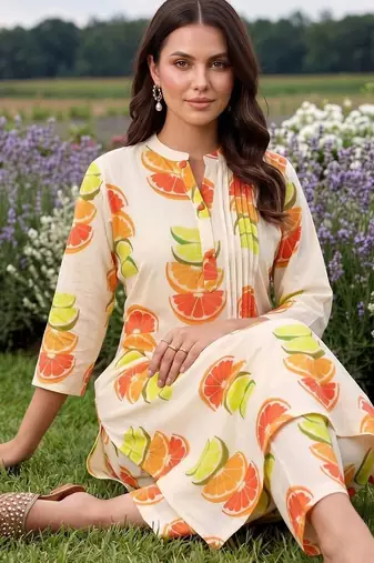women printed regular cotton kurta with trousers