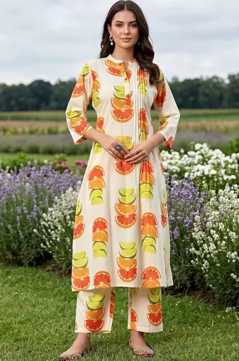 women printed regular cotton kurta with trousers