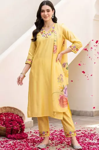 women floral embroidered regular thread work liva kurta with trousers & with dupatta