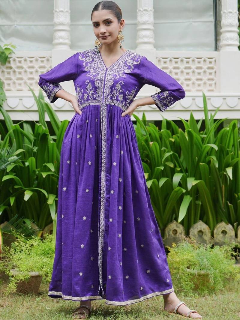women ethnic motifs embroidered angrakha thread work kurta with palazzos