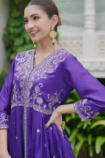 women ethnic motifs embroidered angrakha thread work kurta with palazzos