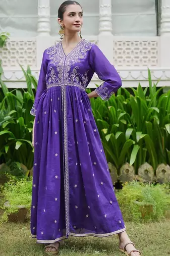 women ethnic motifs embroidered angrakha thread work kurta with palazzos