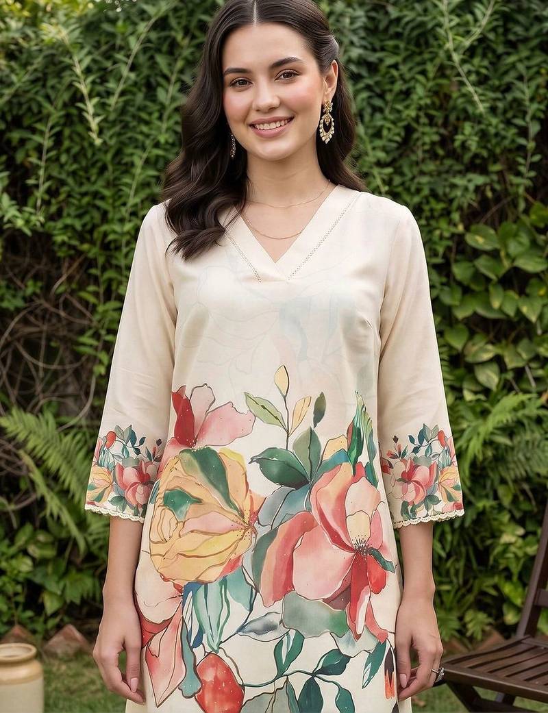 floral printed regular kurta with trousers & with dupatta