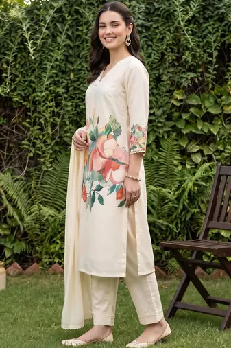 floral printed regular kurta with trousers & with dupatta