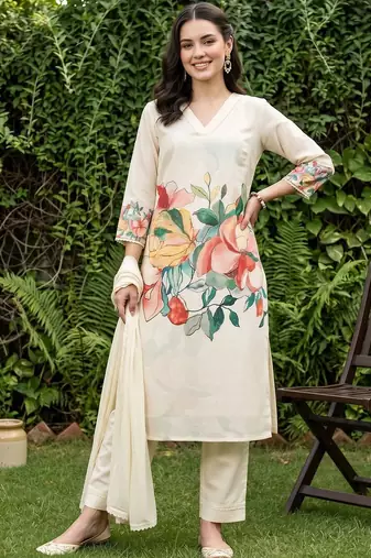 floral printed regular kurta with trousers & with dupatta