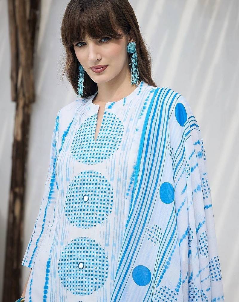 women printed regular cotton kurta with trousers & with dupatta