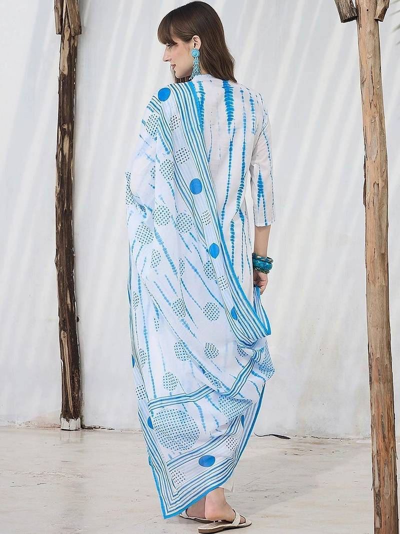 women printed regular cotton kurta with trousers & with dupatta