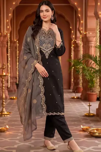 women ethnic motifs embroidered regular thread work kurta with trousers & with dupatta