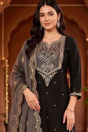women ethnic motifs embroidered regular thread work kurta with trousers & with dupatta