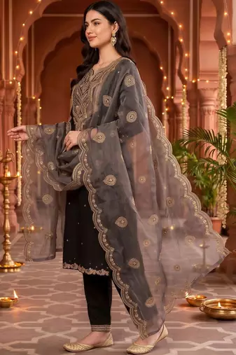 women ethnic motifs embroidered regular thread work kurta with trousers & with dupatta