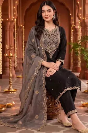 women ethnic motifs embroidered regular thread work kurta with trousers & with dupatta