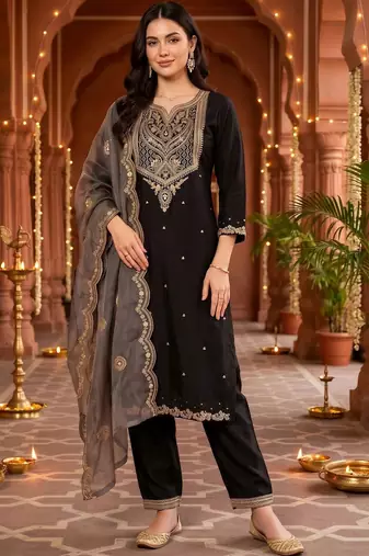 women ethnic motifs embroidered regular thread work kurta with trousers & with dupatta