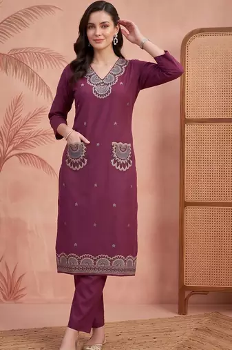 women ethnic motifs embroidered regular thread work cotton kurta with trousers