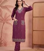 women ethnic motifs embroidered regular thread work cotton kurta with trousers