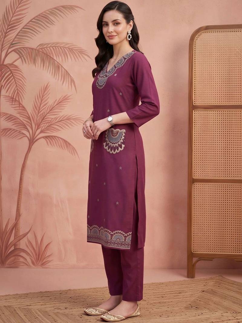 women ethnic motifs embroidered regular thread work cotton kurta with trousers