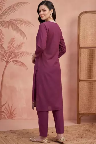 women ethnic motifs embroidered regular thread work cotton kurta with trousers