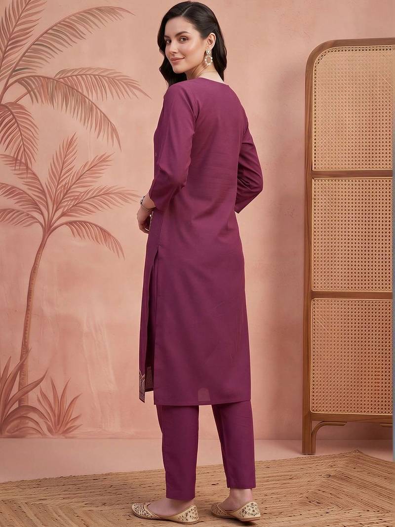 women ethnic motifs embroidered regular thread work cotton kurta with trousers