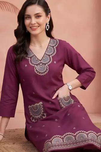 women ethnic motifs embroidered regular thread work cotton kurta with trousers